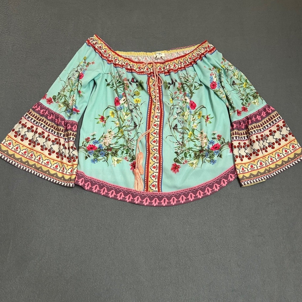 Umgee Top Women Small Blue Floral Off Shoulder Bell Sleeve Boho C0378 Peasant